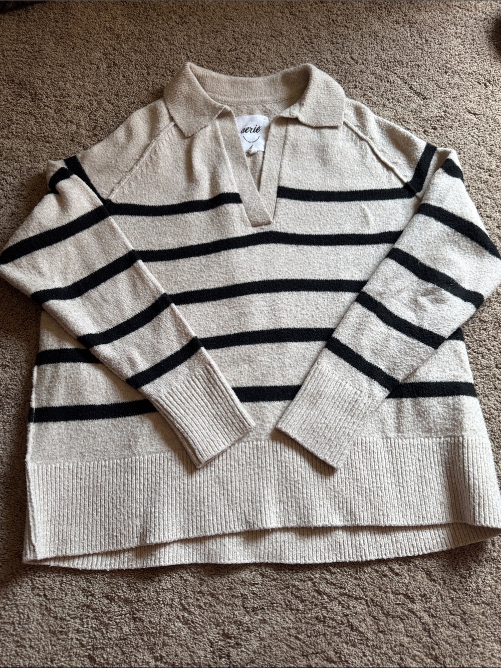 aerie Cream and Black Striped V‑Neck Collared Sweater